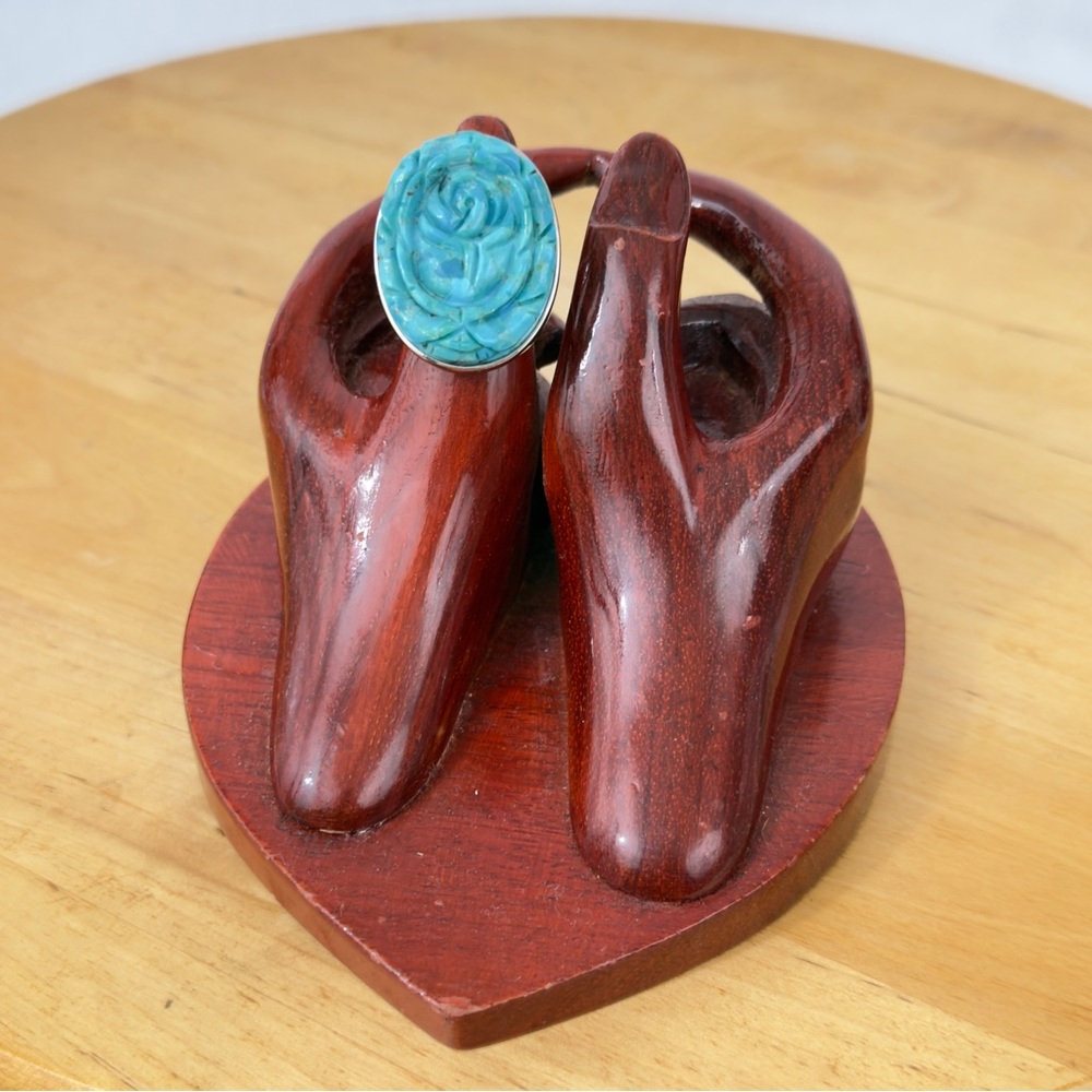 NF 925 Thailand DP Dallas Prince Carved Rose Turquoise Sterling Silver Ring Sz 7 - Picture 2 of 16